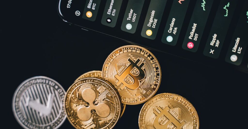 比特幣入門【2026最新】一篇搞懂BTC是什麼、如何投資與風險分析 Close-up view of various cryptocurrency coins with a digital market display in the background.