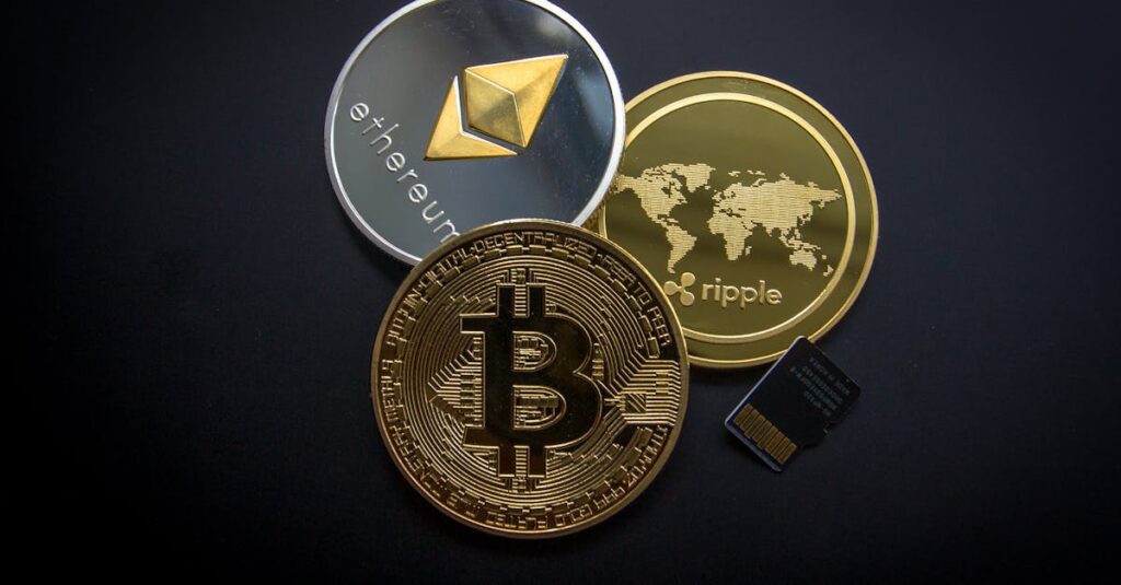 2026加密貨幣投資指南:新手必讀的風險、優缺點與7大注意事項 A striking image of Bitcoin, Ethereum, and Ripple coins illustrating modern digital currency.
